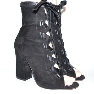 Gianvito Rossi Black Suede Brooklyn 100 Lace-Up Block Heel Booties SIZE 7 EU 37